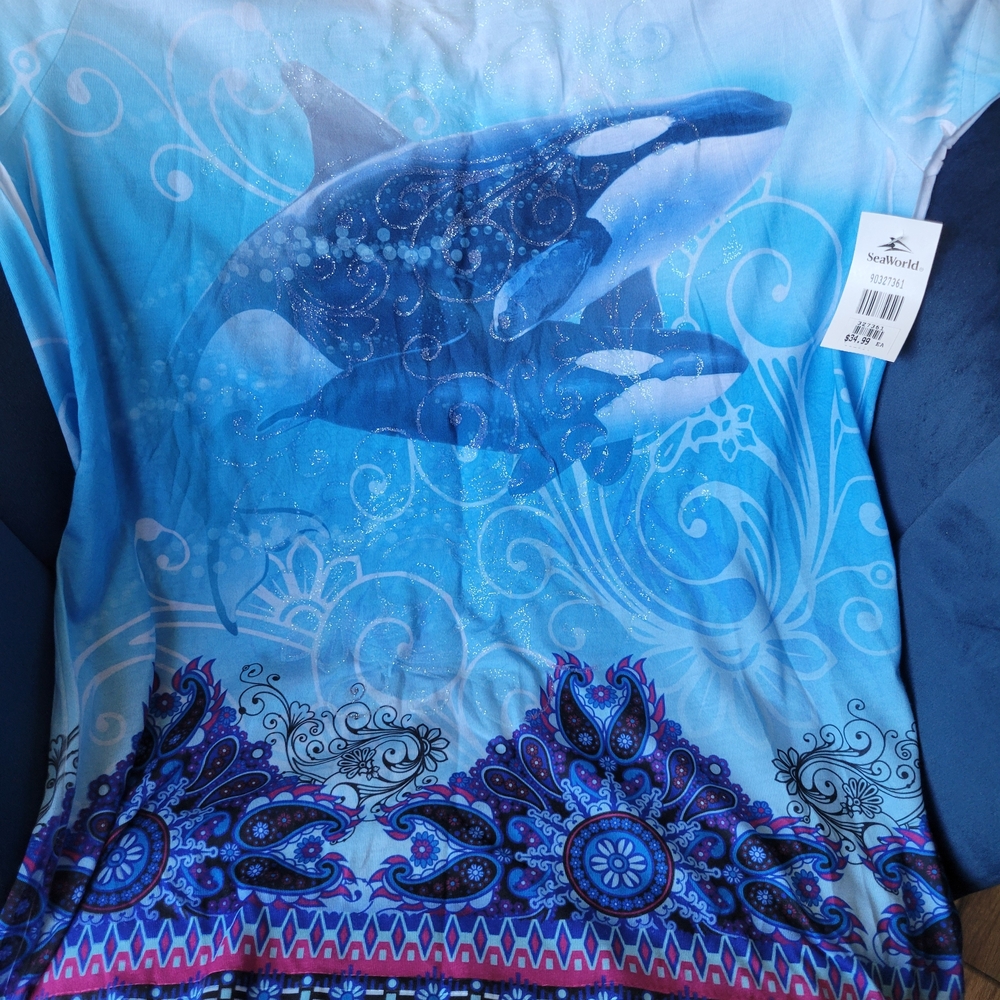 XL Orca And Bohemian Pattern Print Women's Short Sleeve Top With Glitter